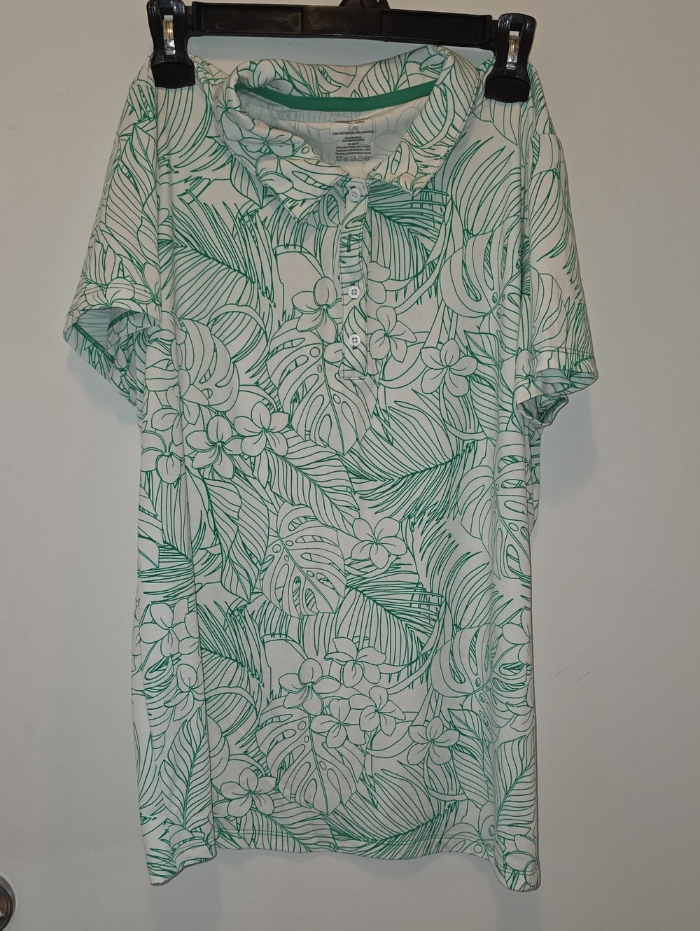 Tropical Leaf-Print Short Sleeve Polo Tee - Green/White